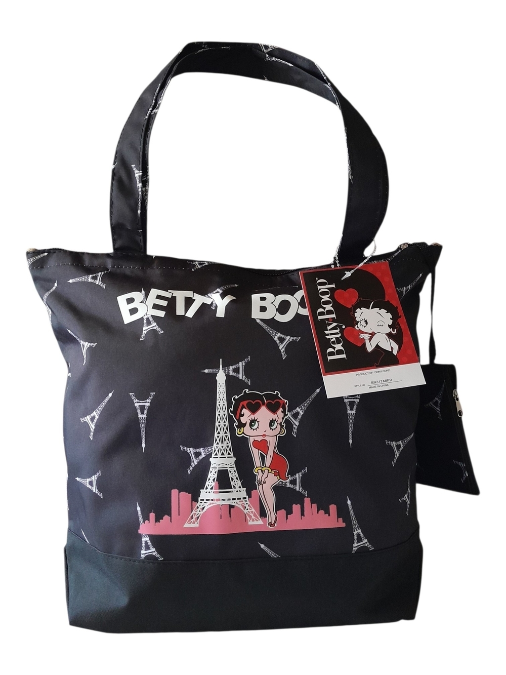Betty Boop Eiffel Tower Tote with Zip Pouch Black Pink
